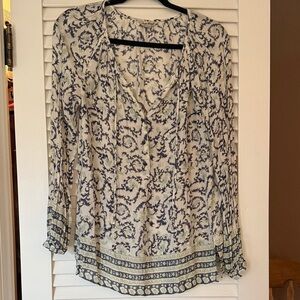 Lucky Brand Blue & Cream Boho Peasant Blouse – Size Small – Flowy Long Sleeve